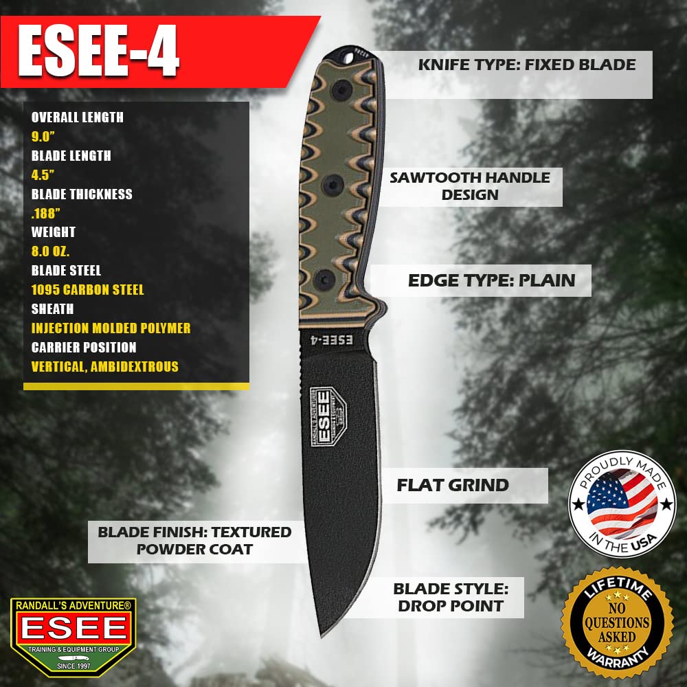 ESEE 4P Survival Fixed Blade Knife, OEM Sawtooth Handle Design, Black Sheath - Image 4