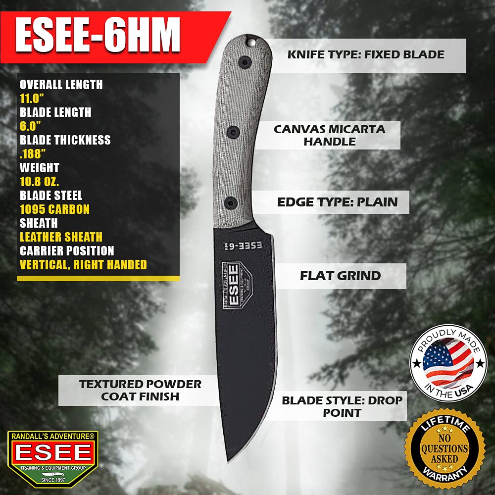 ESEE-6HM Fixed Blade Survival Knife, 1095 Carbon Steel, Round Modified Handle, Made in USA (Brown Leather Sheath (Right Hand)) - Image 6