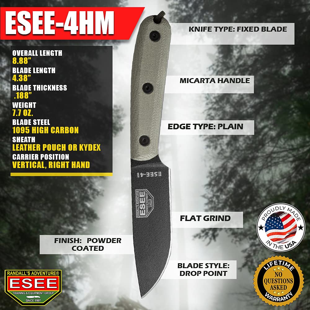 ESEE Authentic Model 4HM Fixed Blade Knife, Black Powder Blade, Micarta Handle, Leather Sheath - Image 4