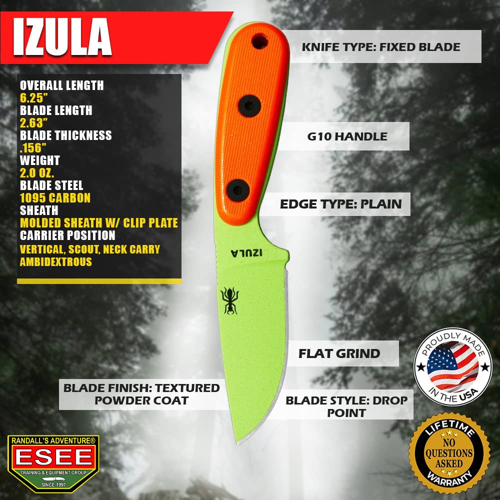 ESEE Izula Venom Green Fixed Blade Knife w/Orange G10 Handles and Molded Polymer Sheath - Image 6