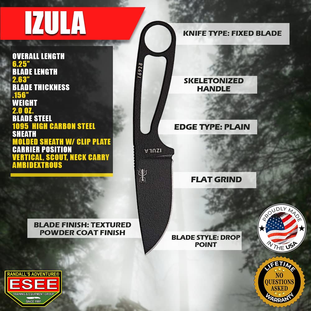 ESEE Knives Izula Fixed Blade Knife w/Survival Kit, Sheath & Clip Plate (Black) - Image 3